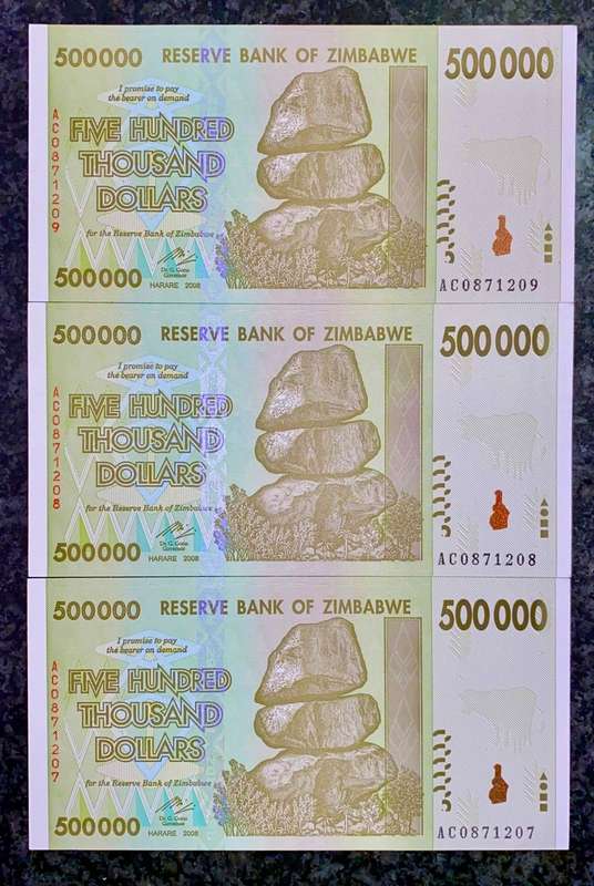 ZIMBABWE SET 500,000 DOLLARS IN SEQUENCE AC0871209-207 -- 2008 UNC (1 BID TAKES ALL)