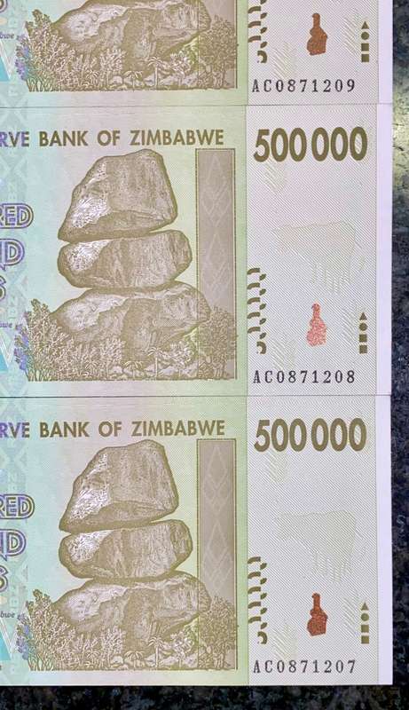 ZIMBABWE SET 500,000 DOLLARS IN SEQUENCE AC0871209-207 -- 2008 UNC (1 BID TAKES ALL)