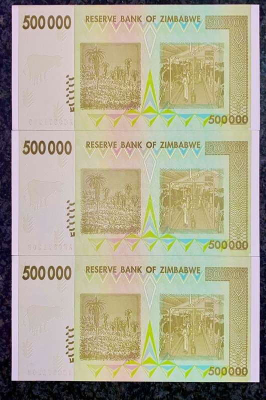 ZIMBABWE SET 500,000 DOLLARS IN SEQUENCE AC0871209-207 -- 2008 UNC (1 BID TAKES ALL)