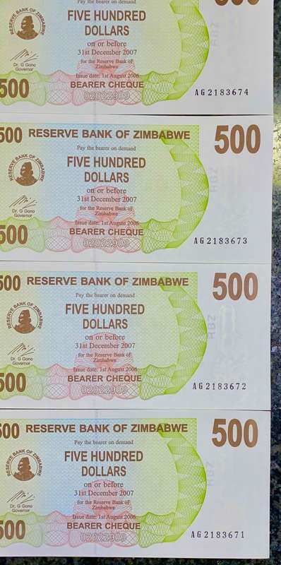 ZIMBABWE 500 DOLLARS IN SEQUENCE AG2183671-674 -- 2006 UNC  (1 BID TAKES ALL)