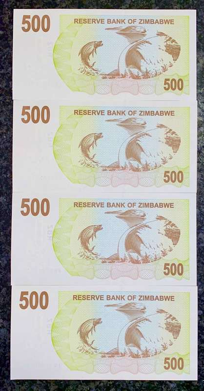 ZIMBABWE 500 DOLLARS IN SEQUENCE AG2183671-674 -- 2006 UNC  (1 BID TAKES ALL)