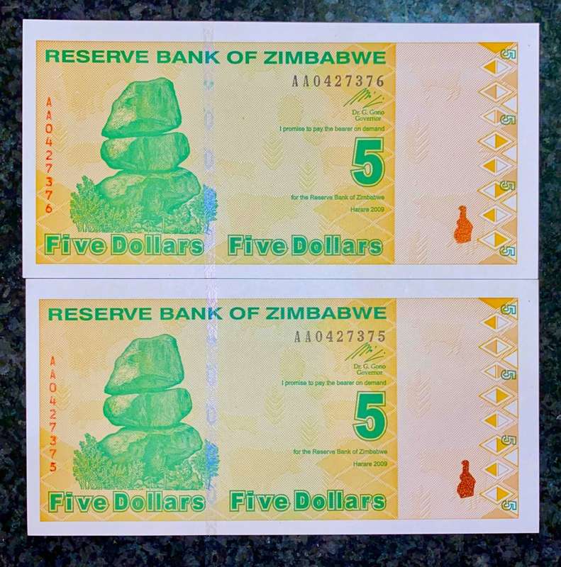 ZIMBABWE 5 DOLLARS IN SEQUENCE AA0427376-375 -- 2009 UNC  (1 BID TAKES ALL)
