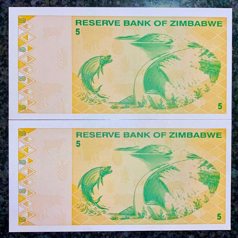 ZIMBABWE 5 DOLLARS IN SEQUENCE AA0427376-375 -- 2009 UNC  (1 BID TAKES ALL)
