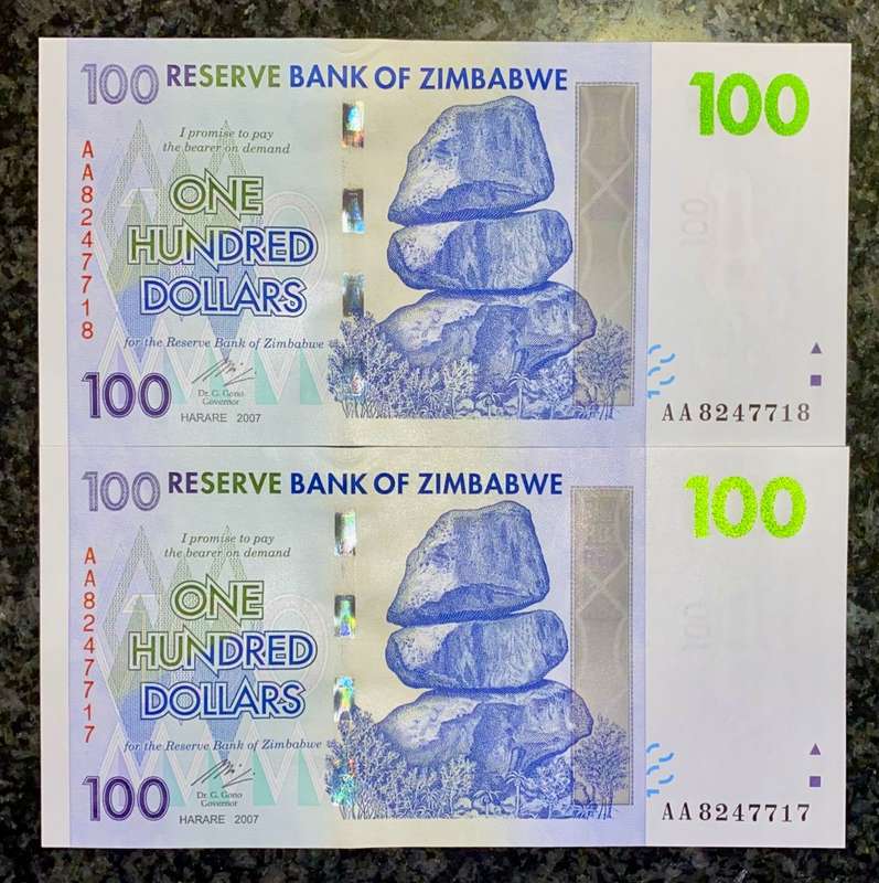 ZIMBABWE 100 DOLLARS IN SEQUENCE AA8247717-718 -- 2007 UNC  (1 BID TAKES ALL)