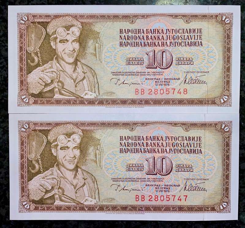 YUGOSLAVIA 10 DINARA IN SEQUENCE BB2805747-748 -- 1978 UNC(1 BID TAKES ALL)