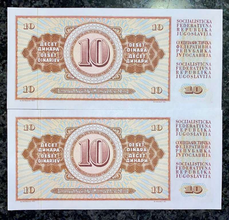 YUGOSLAVIA 10 DINARA IN SEQUENCE BB2805747-748 -- 1978 UNC(1 BID TAKES ALL)