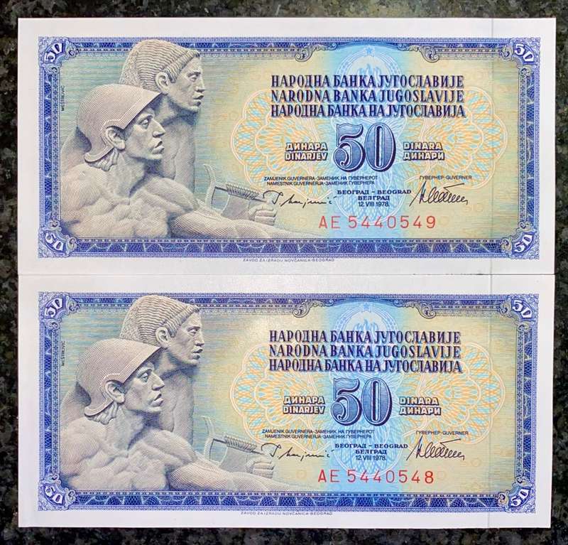 YUGOSLAVIA 50 DINARA IN SEQUENCE AE5440548-549 -- 1978 UNC(1 BID TAKES ALL)