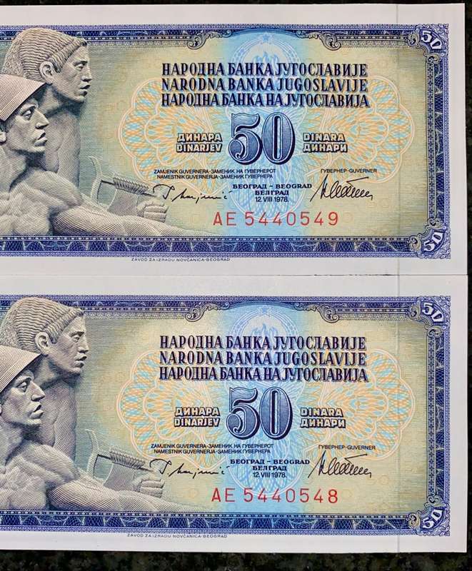YUGOSLAVIA 50 DINARA IN SEQUENCE AE5440548-549 -- 1978 UNC(1 BID TAKES ALL)