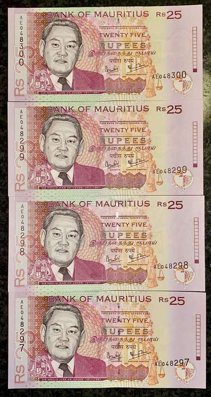 MAURITIUS 25 RUPEES IN SEQUENCE AE048300-297 UNC 1999(1 BID TAKES ALL)
