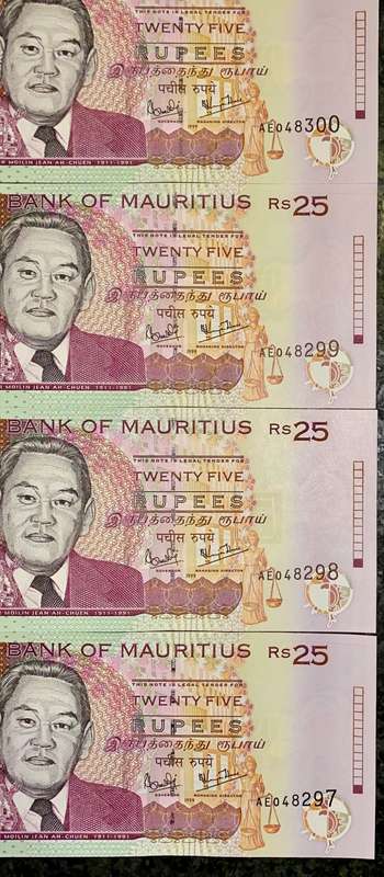 MAURITIUS 25 RUPEES IN SEQUENCE AE048300-297 UNC 1999(1 BID TAKES ALL)