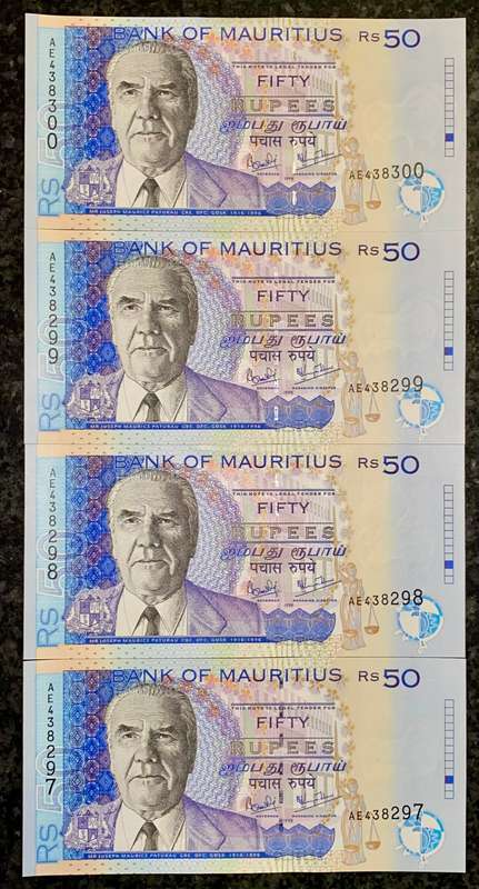 MAURITIUS 50 RUPEES IN SEQUENCE AE438300-297 UNC 1999(BID PER NOTE)