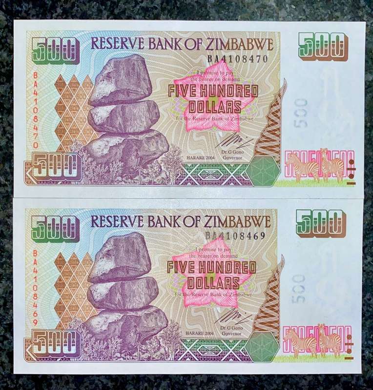 ZIMBABWE SET 500 DOLLARS IN SEQUENCE BA4108470-469  -- 2004 UNC  (1 BID TAKES ALL)