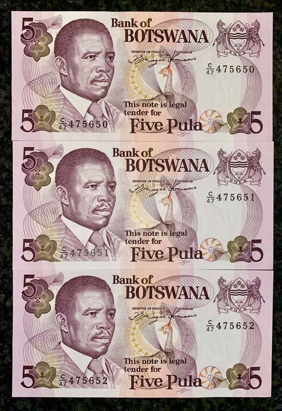 BOTSWANA 5 PULA IN SEQUENCE C47 /475650-652 UNC 1992(1 BID TAKES ALL)