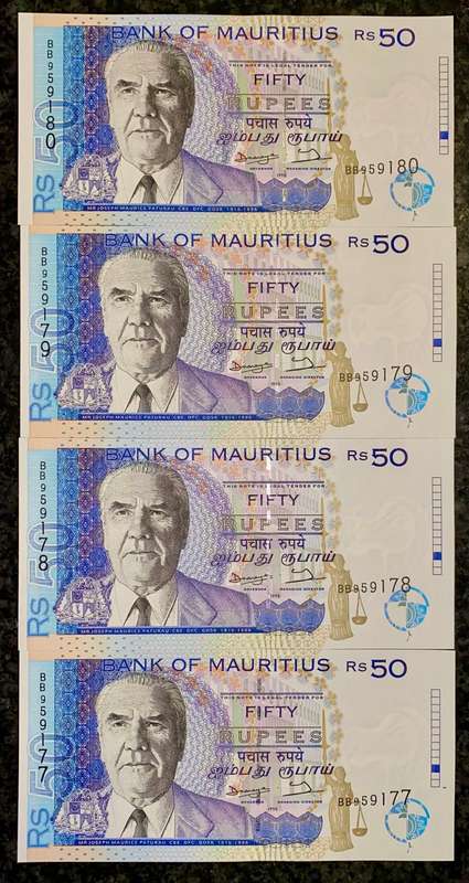 MAURITIUS 50 RUPEES IN SEQUENCE BB959180-177 UNC 1999(BID PER NOTE)