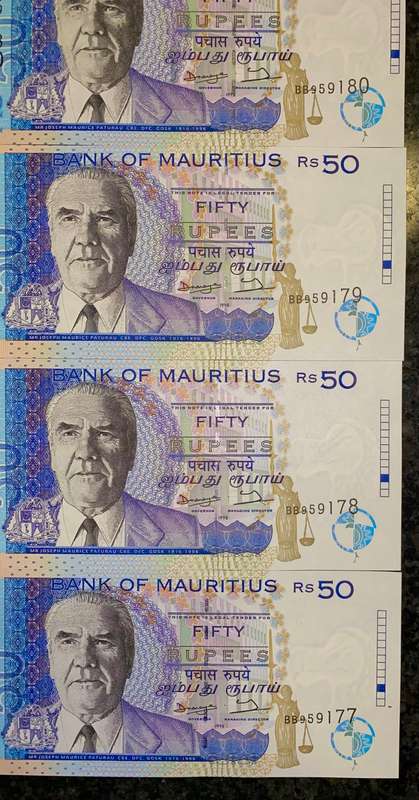 MAURITIUS 50 RUPEES IN SEQUENCE BB959180-177 UNC 1999(BID PER NOTE)