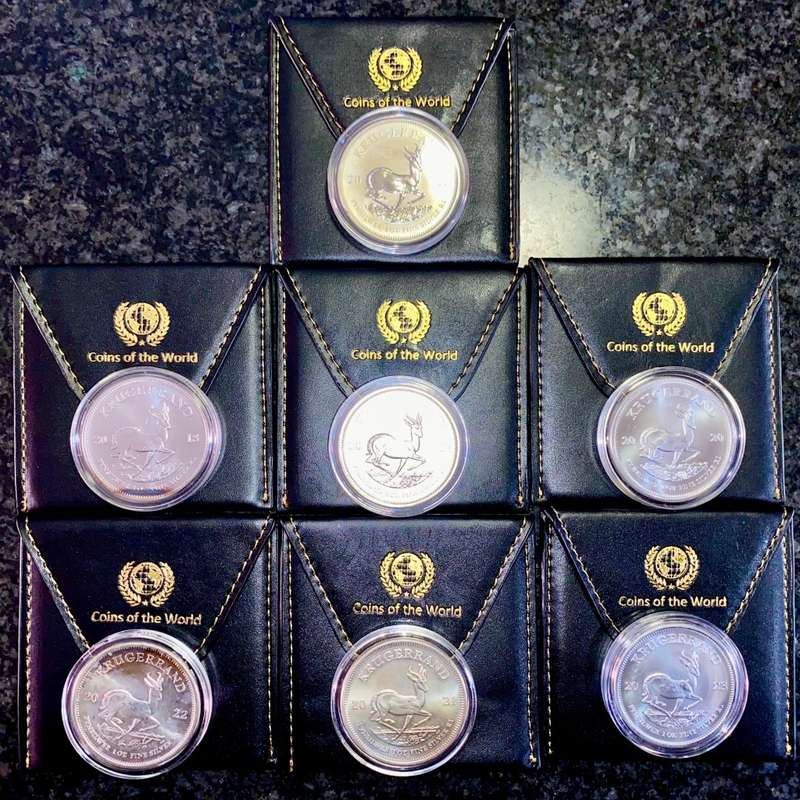 SOUTH AFRICA 1OZ FINE SILVER KRUGERRAND COLLECTION - PREMIUM UNC 2017 TO 2023 ALL IN POUCH & CAPSULE