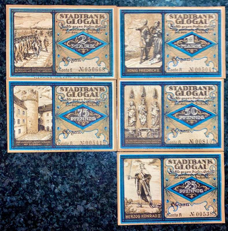 GERMANY SET GLOGAU 2 MARK, 1 MARK, 75 PFENNIG,50PF,25PF 1921 UNC NOTGELD(EMERGENCY MONEY)AMAZING ART