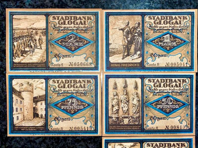 GERMANY SET GLOGAU 2 MARK, 1 MARK, 75 PFENNIG,50PF,25PF 1921 UNC NOTGELD(EMERGENCY MONEY)AMAZING ART