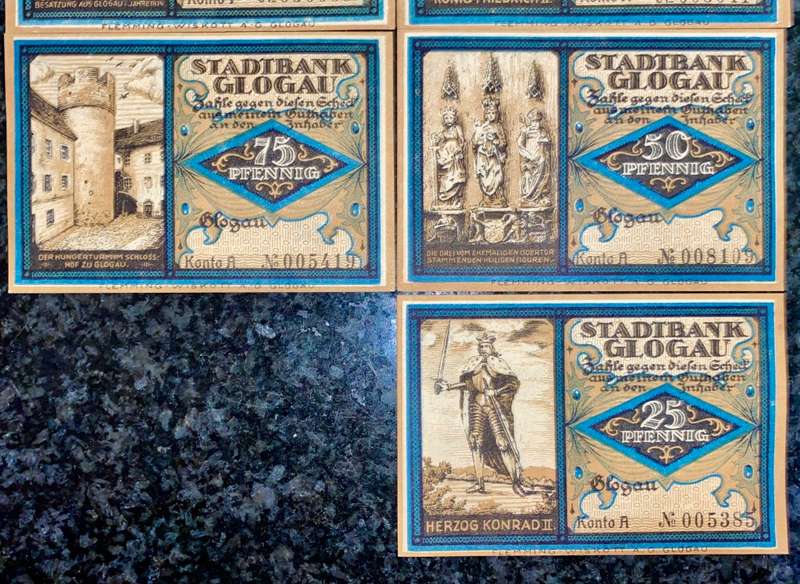 GERMANY SET GLOGAU 2 MARK, 1 MARK, 75 PFENNIG,50PF,25PF 1921 UNC NOTGELD(EMERGENCY MONEY)AMAZING ART