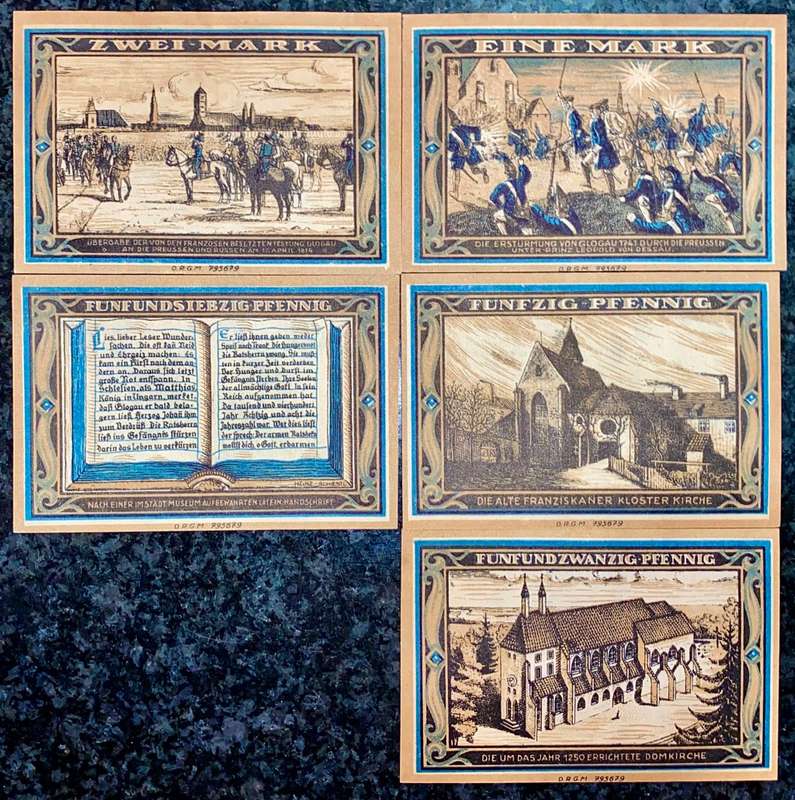 GERMANY SET GLOGAU 2 MARK, 1 MARK, 75 PFENNIG,50PF,25PF 1921 UNC NOTGELD(EMERGENCY MONEY)AMAZING ART