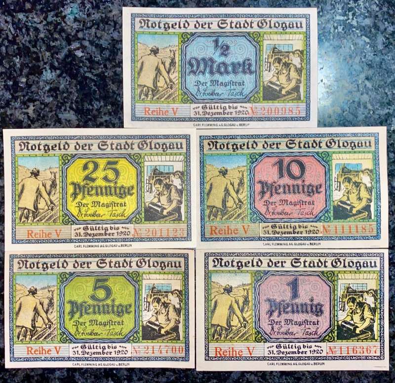 GERMANY SET GLOGAU 1/2 MARK, 25 PFENNIG, 10PF, 5PF, 1PF 1920 UNC NOTGELD(EMERGENCY MONEY)AMAZING ART
