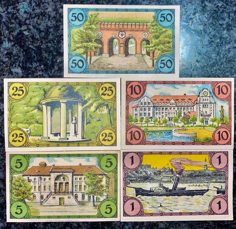 GERMANY SET GLOGAU 1/2 MARK, 25 PFENNIG, 10PF, 5PF, 1PF 1920 UNC NOTGELD(EMERGENCY MONEY)AMAZING ART
