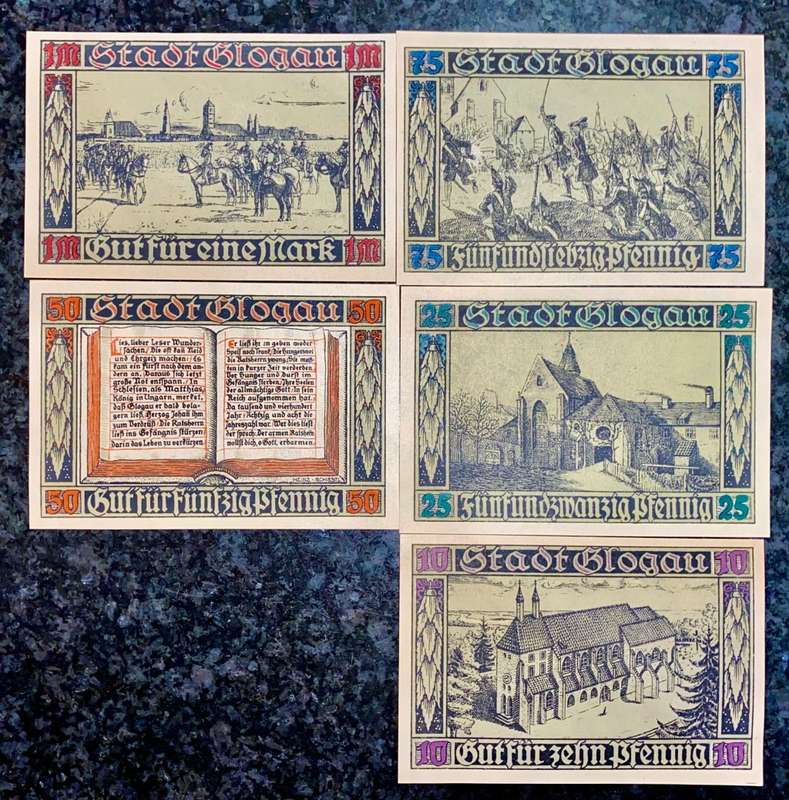 GERMANY SET GLOGAU 1 MARK, 75 PFENNIG, 50PF, 25PF, 10PF 1920 UNC NOTGELD(EMERGENCY MONEY)AMAZING ART
