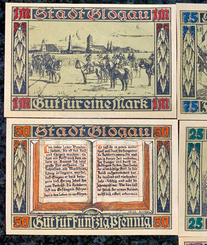GERMANY SET GLOGAU 1 MARK, 75 PFENNIG, 50PF, 25PF, 10PF 1920 UNC NOTGELD(EMERGENCY MONEY)AMAZING ART