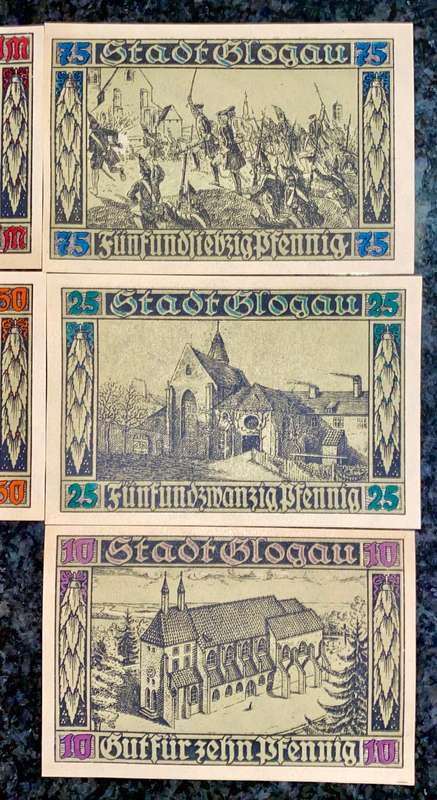GERMANY SET GLOGAU 1 MARK, 75 PFENNIG, 50PF, 25PF, 10PF 1920 UNC NOTGELD(EMERGENCY MONEY)AMAZING ART