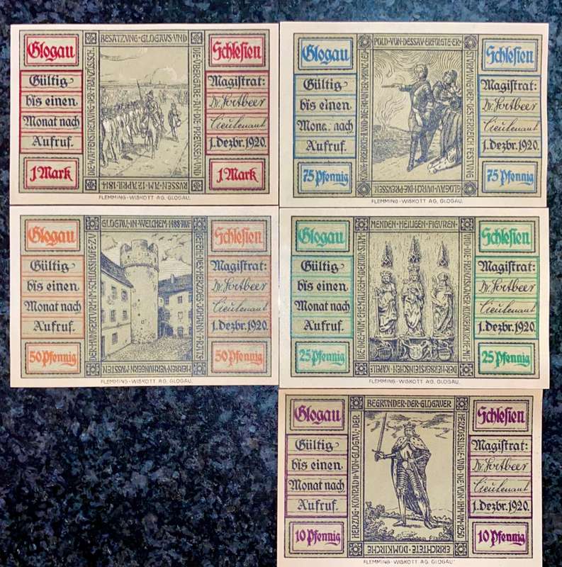 GERMANY SET GLOGAU 1 MARK, 75 PFENNIG, 50PF, 25PF, 10PF 1920 UNC NOTGELD(EMERGENCY MONEY)AMAZING ART