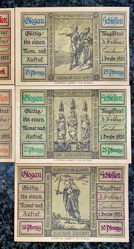 GERMANY SET GLOGAU 1 MARK, 75 PFENNIG, 50PF, 25PF, 10PF 1920 UNC NOTGELD(EMERGENCY MONEY)AMAZING ART