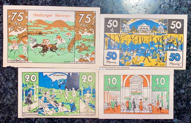GERMANY SET - BAD HARZBURG 75 PFENNIG,50 PF, 20PF, 10PF 1922 UNC NOTGELD(EMERGENCY MONEY)AMAZING ART