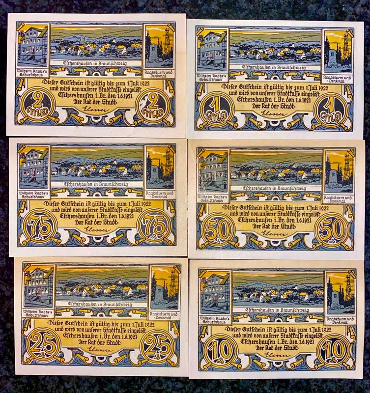 GERMANY SET ESCHERSHAUSEN 2 MARK,1 MK, 75PF,50,25,10PF AUNC 1922 NOTGELD(EMERGENCY MONEY)AMAZING ART