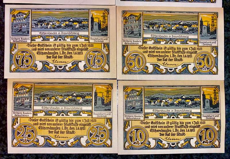 GERMANY SET ESCHERSHAUSEN 2 MARK,1 MK, 75PF,50,25,10PF AUNC 1922 NOTGELD(EMERGENCY MONEY)AMAZING ART