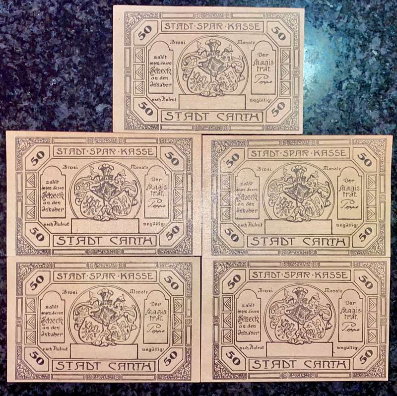 GERMANY SET - CANTH NO SERIAL 50 PFENNIG 1921 UNC NOTGELD(EMERGENCY MONEY) AMAZING ART
