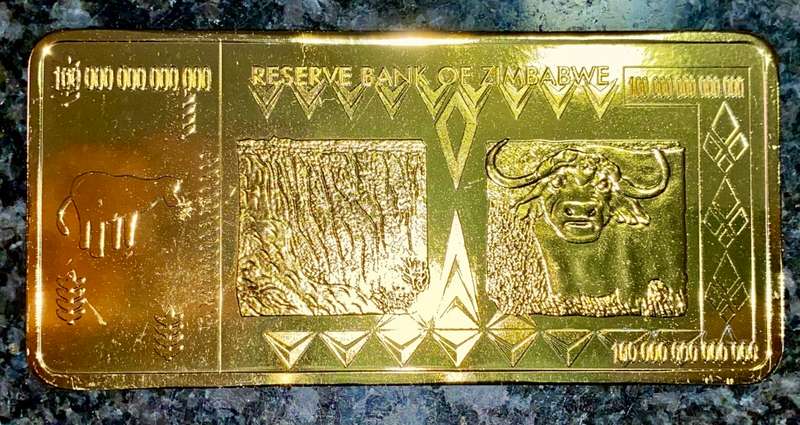 ZIMBABWE ONE HUNDRED TRILLIAN DOLLARS GOLD BAR HARARE 2008