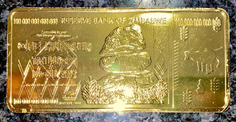 ZIMBABWE ONE HUNDRED TRILLIAN DOLLARS GOLD BAR HARARE 2008