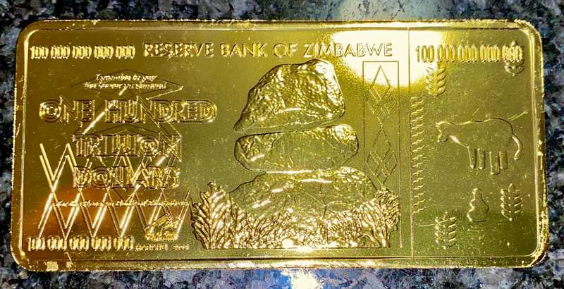 ZIMBABWE ONE HUNDRED TRILLIAN DOLLARS GOLD BAR HARARE 2008