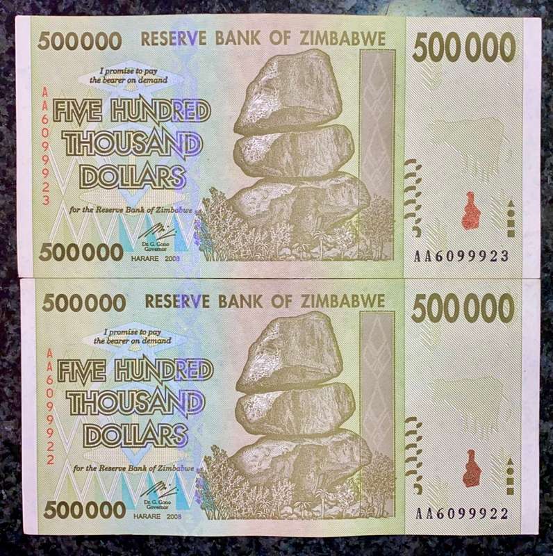 ZIMBABWE SET 500,000 DOLLARS IN SEQUENCE AA6099922-923 -- 2008 UNC (1 BID TAKES ALL)