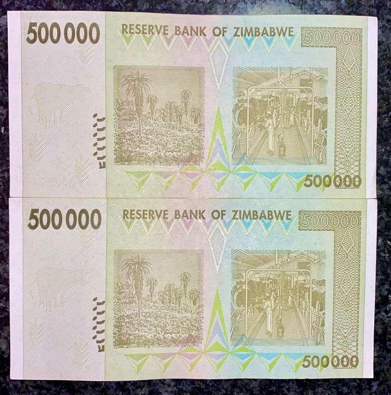 ZIMBABWE SET 500,000 DOLLARS IN SEQUENCE AA6099922-923 -- 2008 UNC (1 BID TAKES ALL)