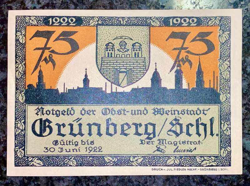 GERMANY - GRUNBERG SCHL - 75 PFENNIG 1922- UNC NOTGELD (EMERGENCY MONEY) - AMAZING ART