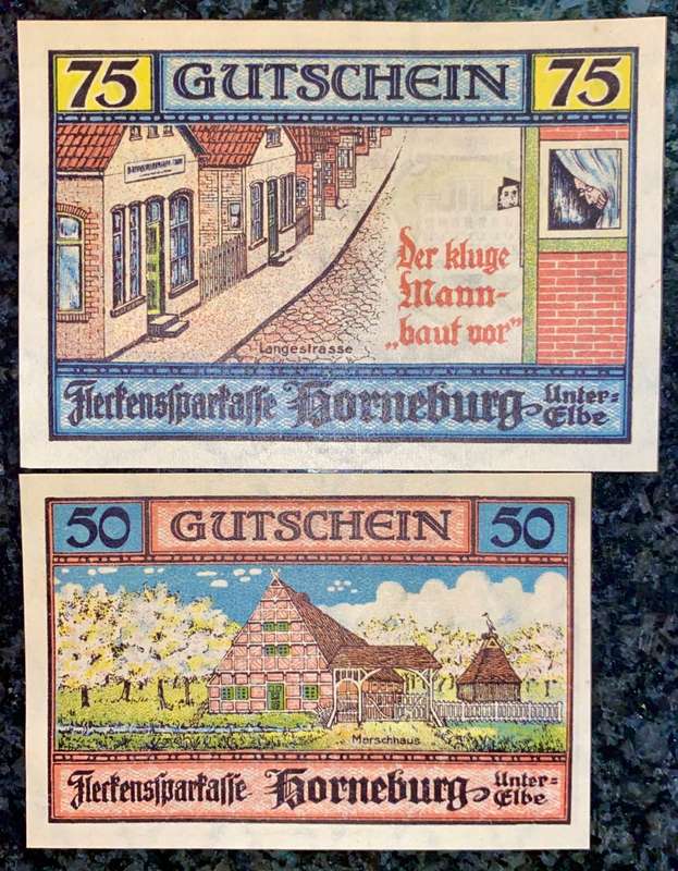GERMANY SET - HORNEBURG - 75 & 50 PFENNIG 1921 UNC NOTGELD (EMERGENCY MONEY) - AMAZING ART