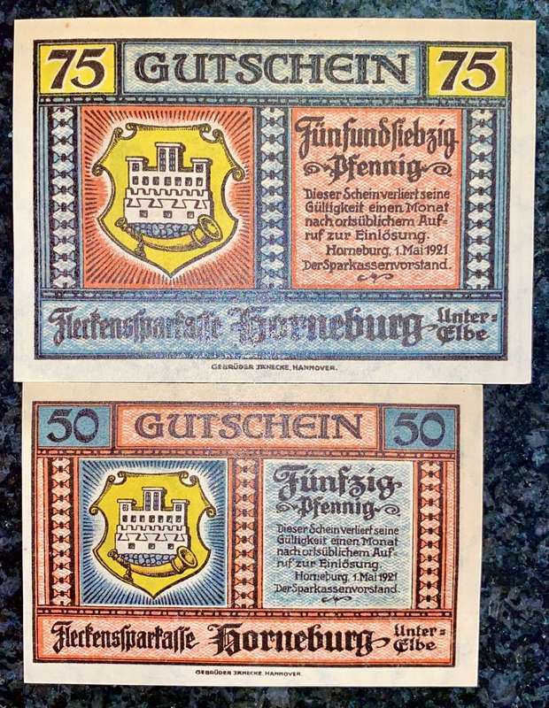 GERMANY SET - HORNEBURG - 75 & 50 PFENNIG 1921 UNC NOTGELD (EMERGENCY MONEY) - AMAZING ART