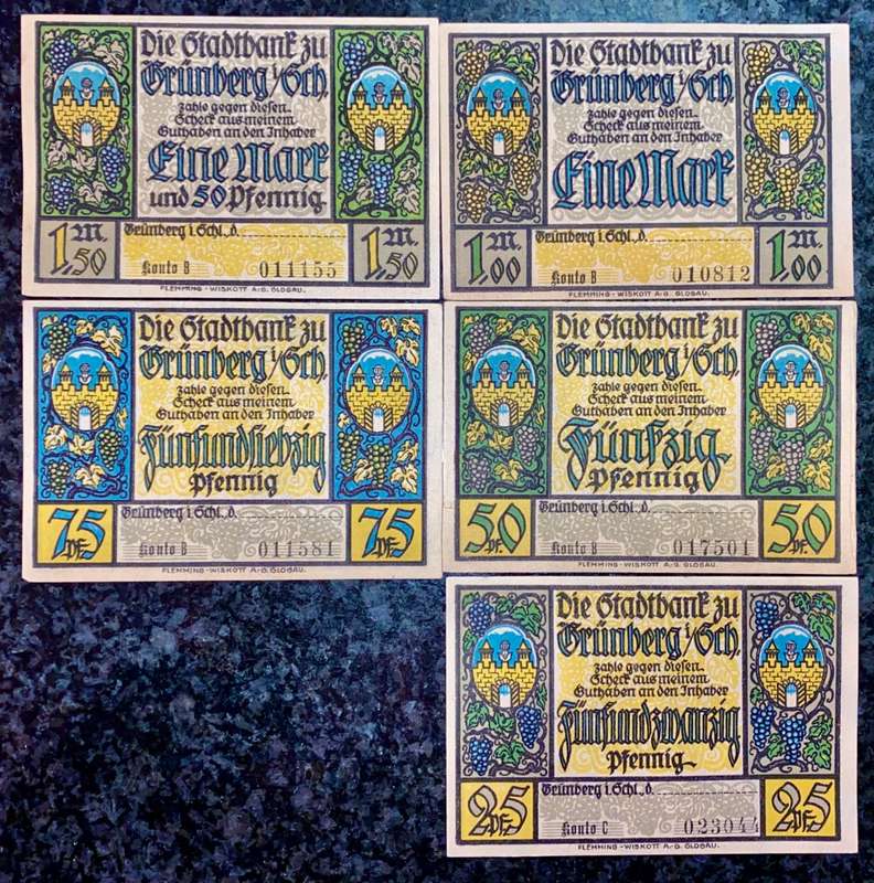 GERMANY SET - GRUNBERG - 1,5 MARK TO 25 PFENNIG 1921 UNC NOTGELD (EMERGENCY MONEY) - AMAZING ART