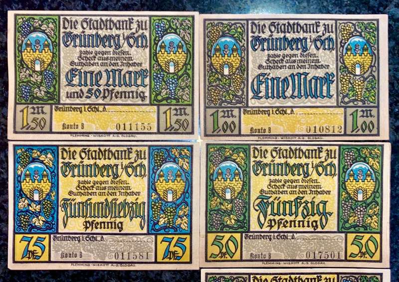 GERMANY SET - GRUNBERG - 1,5 MARK TO 25 PFENNIG 1921 UNC NOTGELD (EMERGENCY MONEY) - AMAZING ART