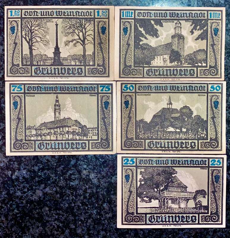 GERMANY SET - GRUNBERG - 1,5 MARK TO 25 PFENNIG 1921 UNC NOTGELD (EMERGENCY MONEY) - AMAZING ART