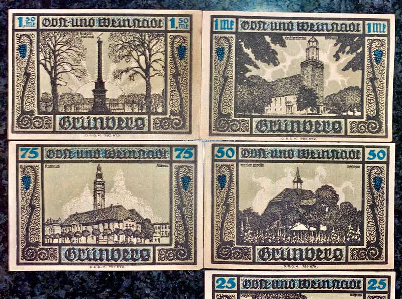 GERMANY SET - GRUNBERG - 1,5 MARK TO 25 PFENNIG 1921 UNC NOTGELD (EMERGENCY MONEY) - AMAZING ART