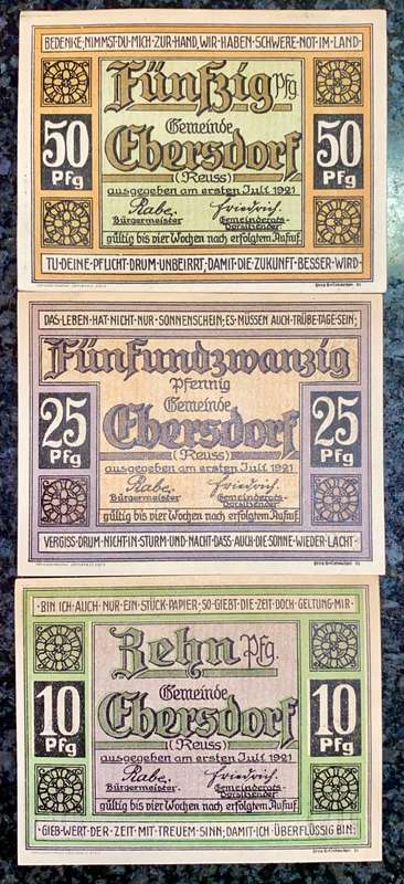 GERMANY SET - EBERSDORF - 50 PFENNIG TO 10 PFENNIG 1921 UNC NOTGELD (EMERGENCY MONEY) - AMAZING ART