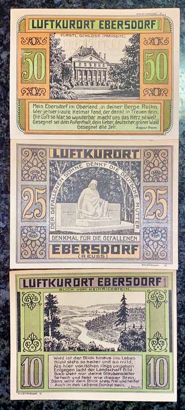 GERMANY SET - EBERSDORF - 50 PFENNIG TO 10 PFENNIG 1921 UNC NOTGELD (EMERGENCY MONEY) - AMAZING ART