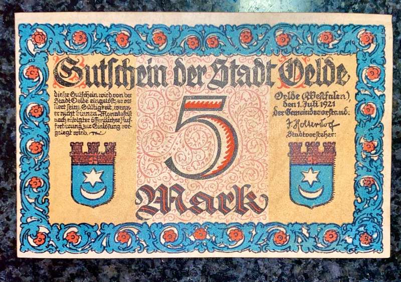 GERMANY - OELDE - 5 MARK 1921 AUNC NOTGELD (EMERGENCY MONEY) - AMAZING ART
